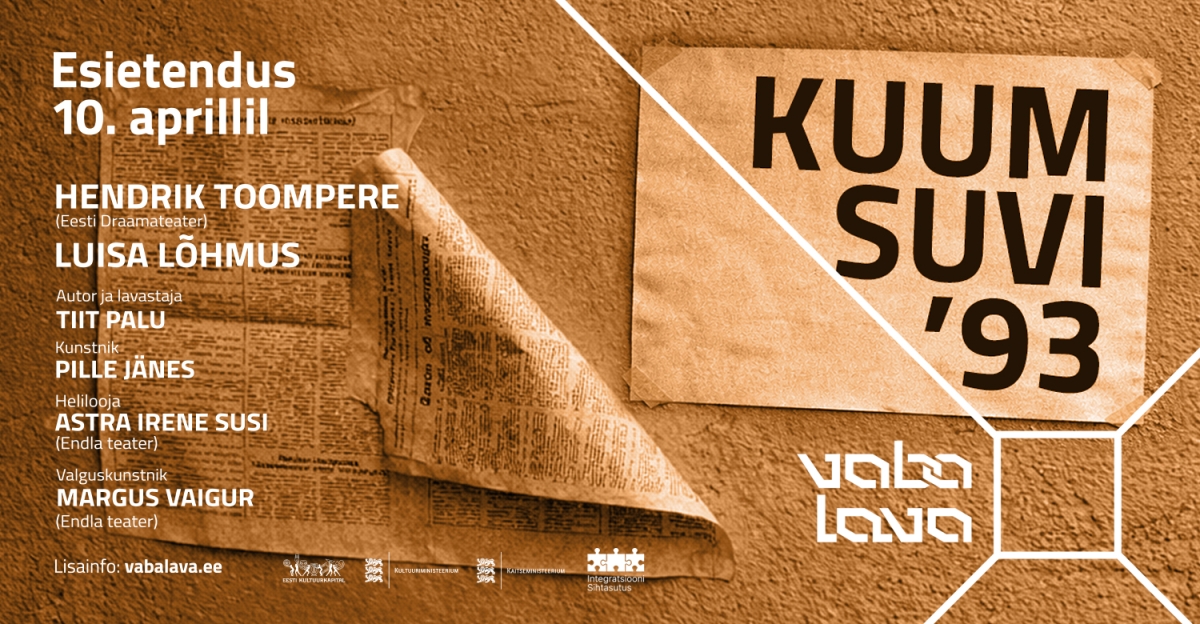 Lavastuse "Kuum suvi 93" plakat. Peaosas näiteljad Hendrik Toompere ja Luisa Lõhmus