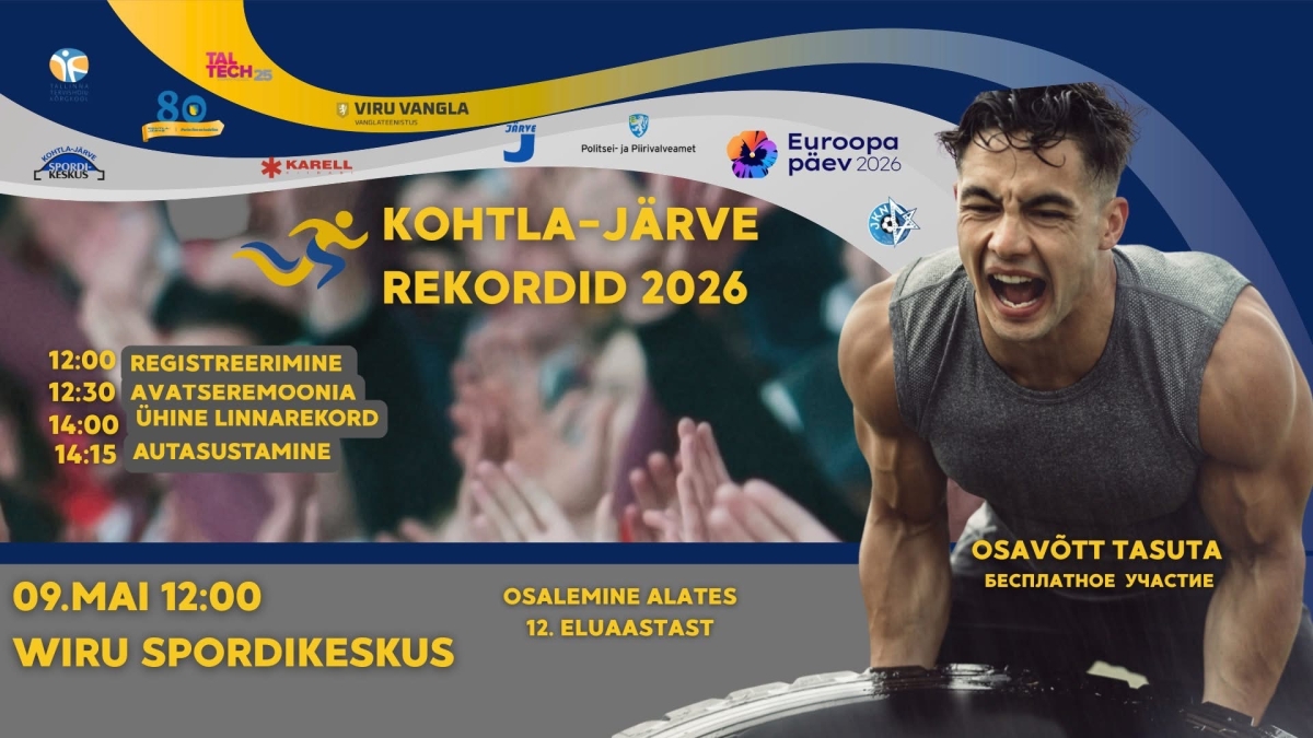 Plakat üritusele Kohtla-Järve rekordid. Plakatil on näha meesterahvast spordiriietes pingutamas. Esiplaanil on toimumisinfo ja korraldajate logod.