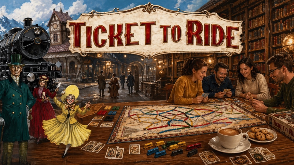 AI-ga loodud reklaam lauamängule Ticket to Ride. Plakatil on äratuntavad lauamängu elemendid - vedur ja kaabuga härra 19. sajandi lõpust. Lisaks on näha tänapäeval inimesi mängu mängimas.
